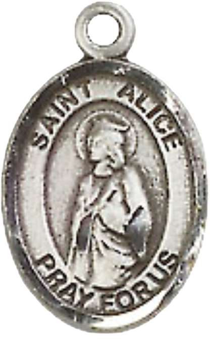 Small Sized Women's .925 Sterling Silver Saint St. Alice Medal Pendant on 18 Inch Rhodium Plated Lite Curb Brass Chain with Lobster Claw Clasp, Catholic Religious Necklace - Made in USA- Velvet Gift Box