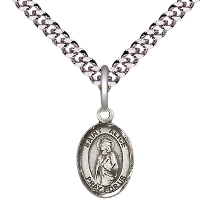Everlasting Light Jewelry Small Sized Men's Pewter Saint St. Alice Medal Pendant on 24 Inch Endless Rhodium Plated Heavy Curb Brass Chain, Catholic Religious Necklace - Made in USA- Deluxe Velvet Gift Box