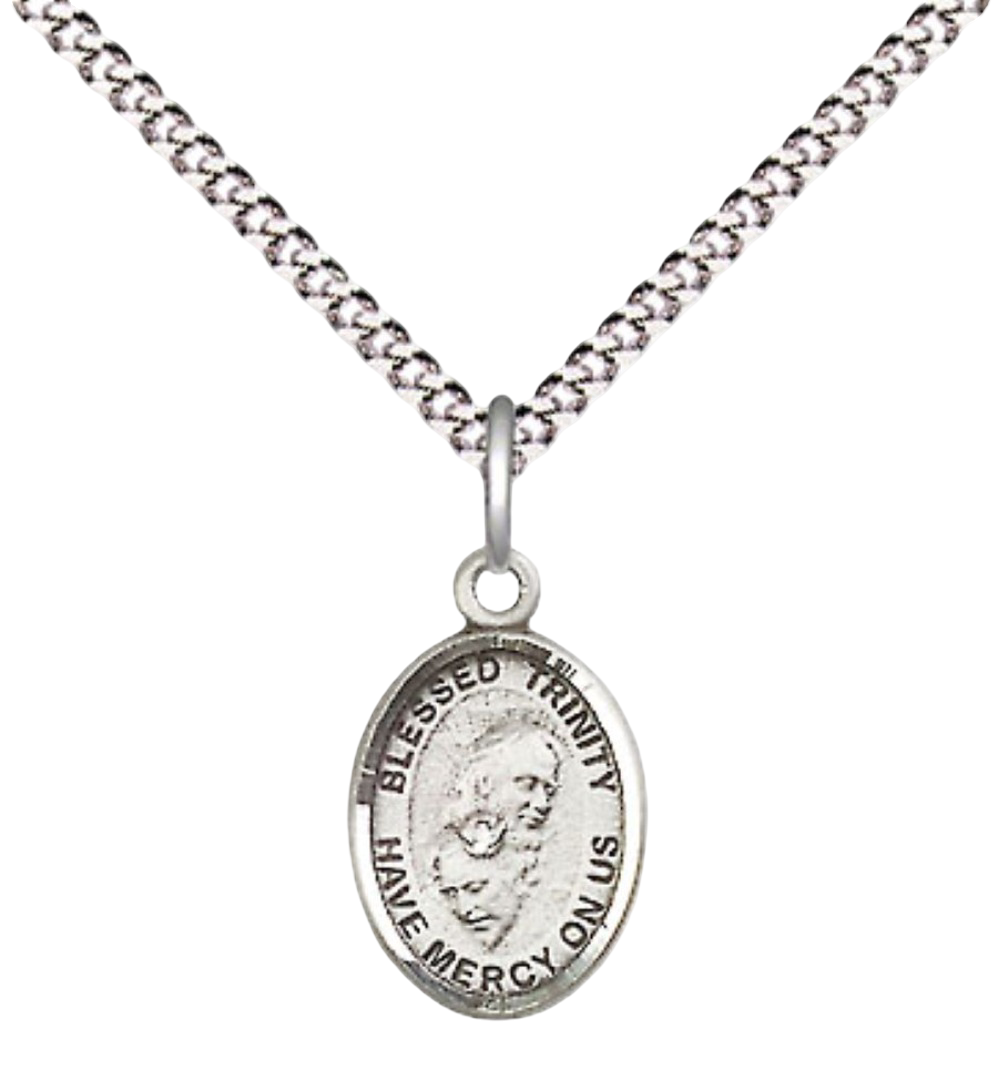 Small Sized Women's Pewter Blessed Trinity Medal Pendant on 18 Inch Rhodium Plated Lite Curb Brass Chain with Lobster Claw Clasp, Catholic Religious Necklace - Made in USA- Velvet Gift Box