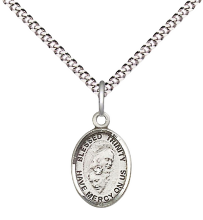 Small Sized Women's Pewter Blessed Trinity Medal Pendant on 18 Inch Rhodium Plated Lite Curb Brass Chain with Lobster Claw Clasp, Catholic Religious Necklace - Made in USA- Velvet Gift Box