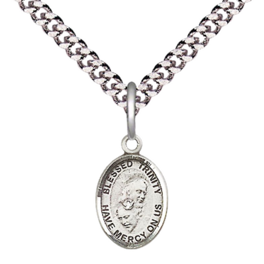 Small Sized Men's Pewter Blessed Trinity Medal Pendant on 24 Inch Endless Rhodium Plated Heavy Curb Brass Chain, Catholic Religious Necklace - Made in USA- Deluxe Velvet Gift Box
