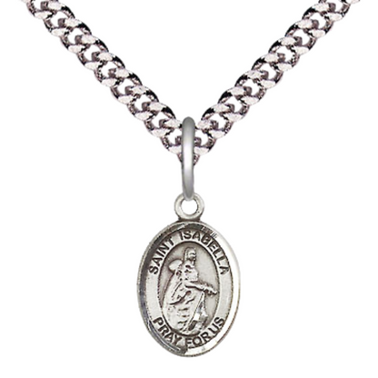 Small Sized Men's Pewter Saint St. Isabella of Portugal Medal Pendant on 24 Inch Endless Rhodium Plated Heavy Curb Brass Chain, Catholic Religious Necklace - Made in USA- Deluxe Velvet Gift Box