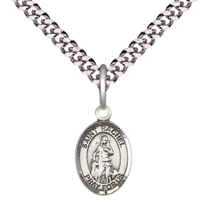 Small Sized Men's .925 Sterling Silver Saint St. Rachel Medal Pendant on 24 Inch Endless Rhodium Plated Heavy Curb Brass Chain, Catholic Religious Necklace - Made in USA- Deluxe Velvet Gift Box