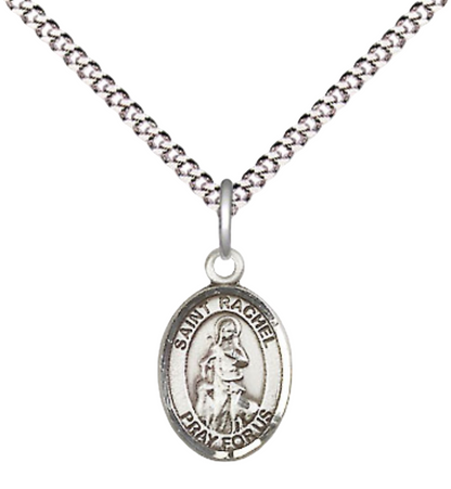 Small Sized Women's Pewter Saint St. Rachel Medal Pendant on 18 Inch Rhodium Plated Lite Curb Brass Chain with Lobster Claw Clasp, Catholic Religious Necklace - Made in USA- Velvet Gift Box