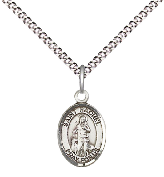 Small Sized Women's Pewter Saint St. Rachel Medal Pendant on 18 Inch Rhodium Plated Lite Curb Brass Chain with Lobster Claw Clasp, Catholic Religious Necklace - Made in USA- Velvet Gift Box