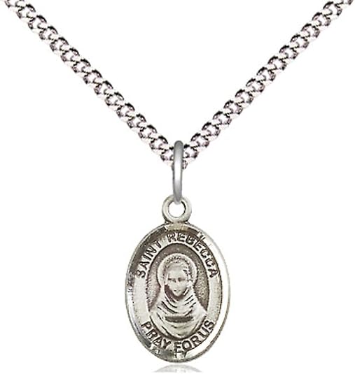 Small Sized Women's Pewter Saint St. Rebecca Medal Pendant on 18 Inch Rhodium Plated Lite Curb Brass Chain with Lobster Claw Clasp, Catholic Religious Necklace - Made in USA- Velvet Gift Box