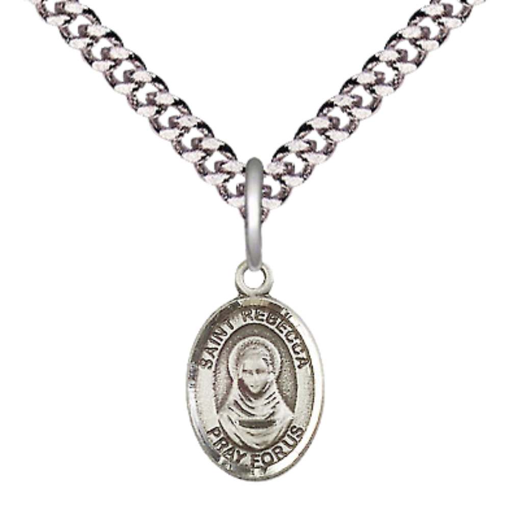 Small Sized Men's .925 Sterling Silver Saint St. Rebecca Medal Pendant on 24 Inch Endless Rhodium Plated Heavy Curb Brass Chain, Catholic Religious Necklace - Made in USA- Deluxe Velvet Gift Box