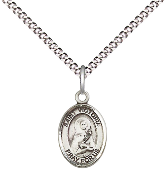 Small Sized Women's .925 Sterling Silver Saint St. Victoria Medal Pendant on 18 Inch Rhodium Plated Lite Curb Brass Chain with Lobster Claw Clasp, Catholic Religious Necklace - Made in USA- Velvet Gift Box