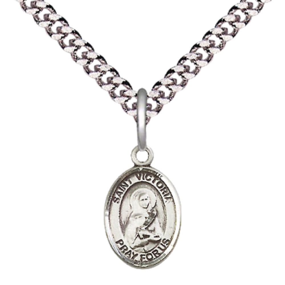 Small Sized Men's Pewter Saint St. Victoria Medal Pendant on 24 Inch Endless Rhodium Plated Heavy Curb Brass Chain, Catholic Religious Necklace - Made in USA- Deluxe Velvet Gift Box