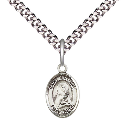 Small Sized Men's .925 Sterling Silver Saint St. Victoria Medal Pendant on 24 Inch Endless Rhodium Plated Heavy Curb Brass Chain, Catholic Religious Necklace - Made in USA- Deluxe Velvet Gift Box