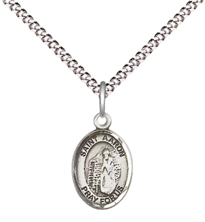 Small Sized Women's .925 Sterling Silver Saint St. Aaron Medal Pendant on 18 Inch Rhodium Plated Lite Curb Brass Chain with Lobster Claw Clasp, Catholic Religious Necklace - Made in USA- Velvet Gift Box