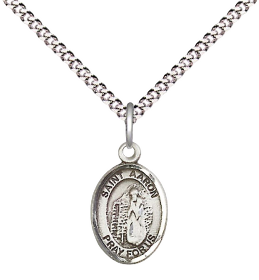Small Sized Women's .925 Sterling Silver Saint St. Aaron Medal Pendant on 18 Inch Rhodium Plated Lite Curb Brass Chain with Lobster Claw Clasp, Catholic Religious Necklace - Made in USA- Velvet Gift Box