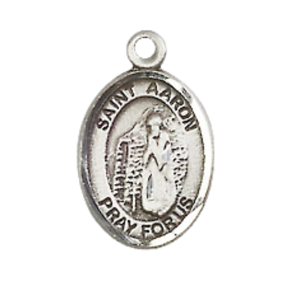 Small Sized Women's .925 Sterling Silver Saint St. Aaron Medal Pendant on 18 Inch Rhodium Plated Lite Curb Brass Chain with Lobster Claw Clasp, Catholic Religious Necklace - Made in USA- Velvet Gift Box
