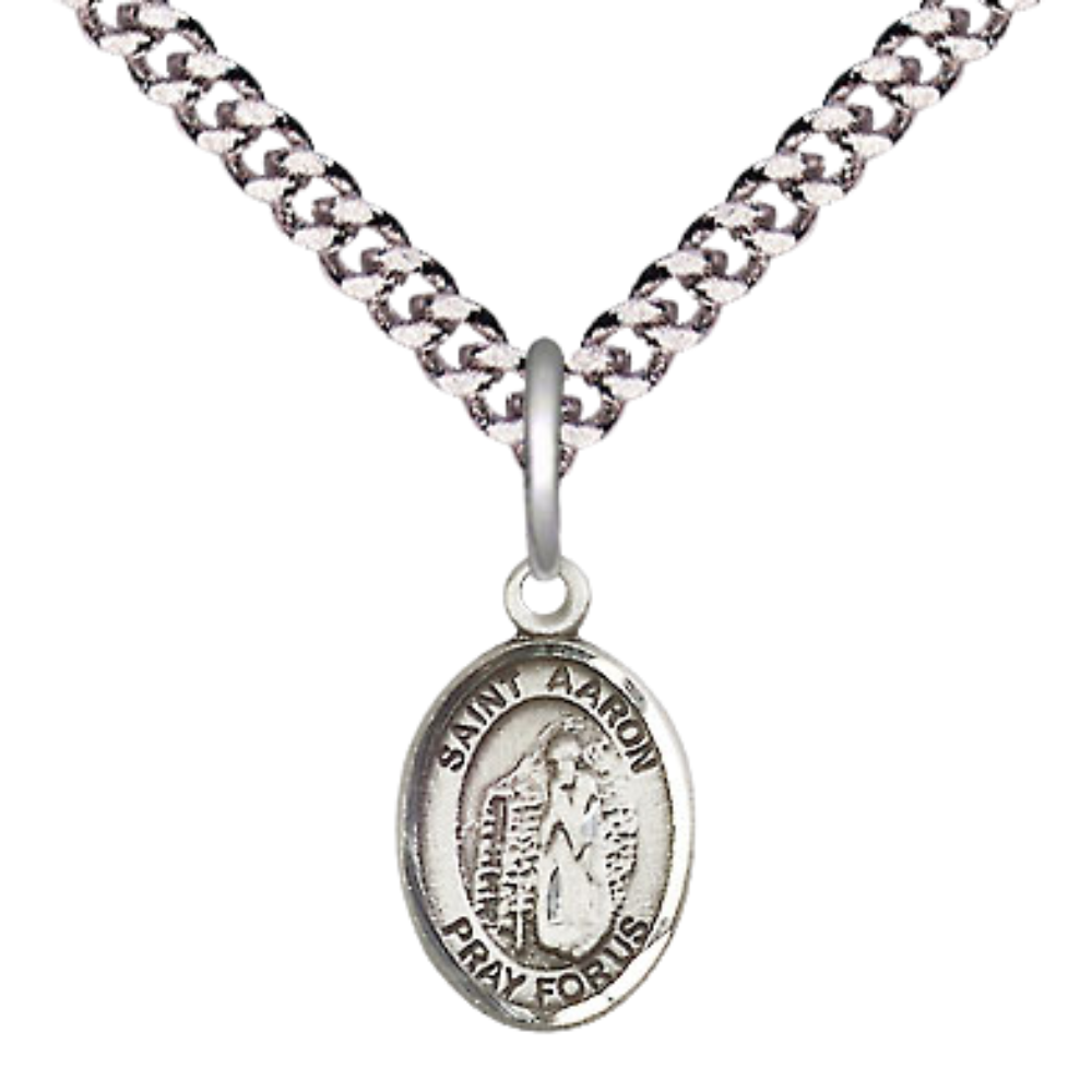 Small Sized Men's .925 Sterling Silver Saint St. Aaron Medal Pendant on 24 Inch Endless Rhodium Plated Heavy Curb Brass Chain, Catholic Religious Necklace - Made in USA- Deluxe Velvet Gift Box