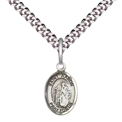 Small Sized Men's .925 Sterling Silver Saint St. Aaron Medal Pendant on 24 Inch Endless Rhodium Plated Heavy Curb Brass Chain, Catholic Religious Necklace - Made in USA- Deluxe Velvet Gift Box