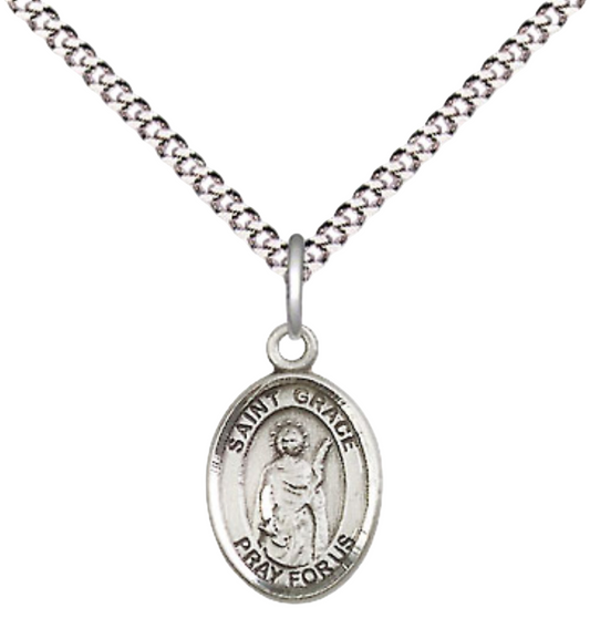 Small Sized Women's Pewter Saint St. Grace Medal Pendant on 18 Inch Rhodium Plated Lite Curb Brass Chain with Lobster Claw Clasp, Catholic Religious Necklace - Made in USA- Velvet Gift Box