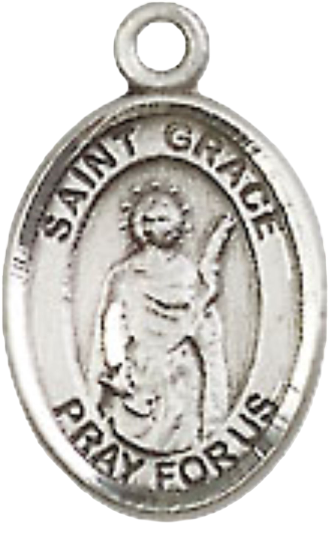 Small Sized Women's Pewter Saint St. Grace Medal Pendant on 18 Inch Rhodium Plated Lite Curb Brass Chain with Lobster Claw Clasp, Catholic Religious Necklace - Made in USA- Velvet Gift Box