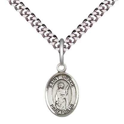 Everlasting Light Jewelry Small Sized Men's Pewter Saint St. Grace Medal Pendant on 24 Inch Endless Rhodium Plated Heavy Curb Brass Chain, Catholic Religious Necklace - Made in USA- Deluxe Velvet Gift Box