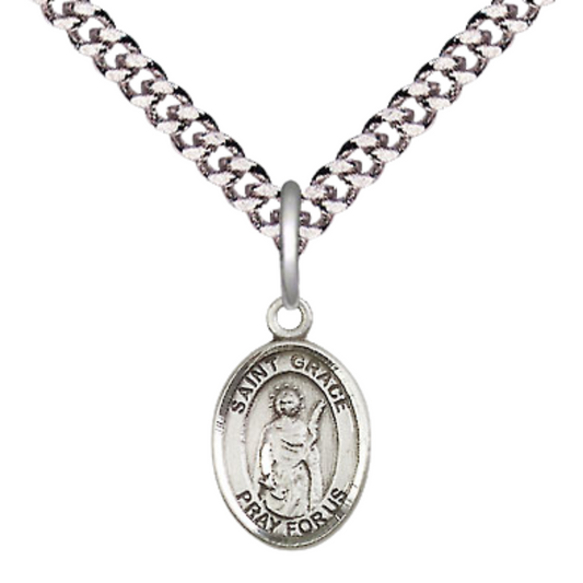 Everlasting Light Jewelry Small Sized Men's Pewter Saint St. Grace Medal Pendant on 24 Inch Endless Rhodium Plated Heavy Curb Brass Chain, Catholic Religious Necklace - Made in USA- Deluxe Velvet Gift Box