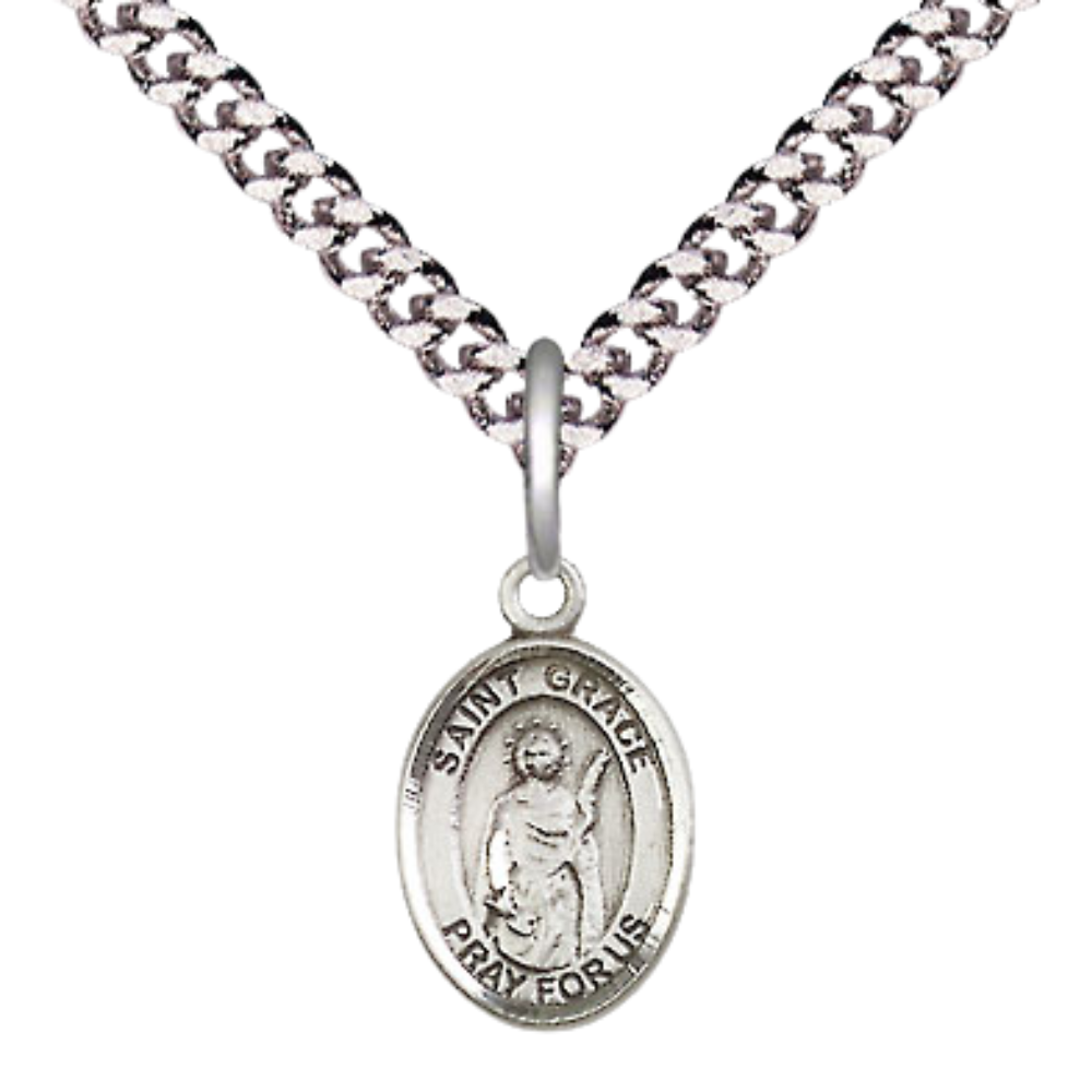 Everlasting Light Jewelry Small Sized Men's Pewter Saint St. Grace Medal Pendant on 24 Inch Endless Rhodium Plated Heavy Curb Brass Chain, Catholic Religious Necklace - Made in USA- Deluxe Velvet Gift Box