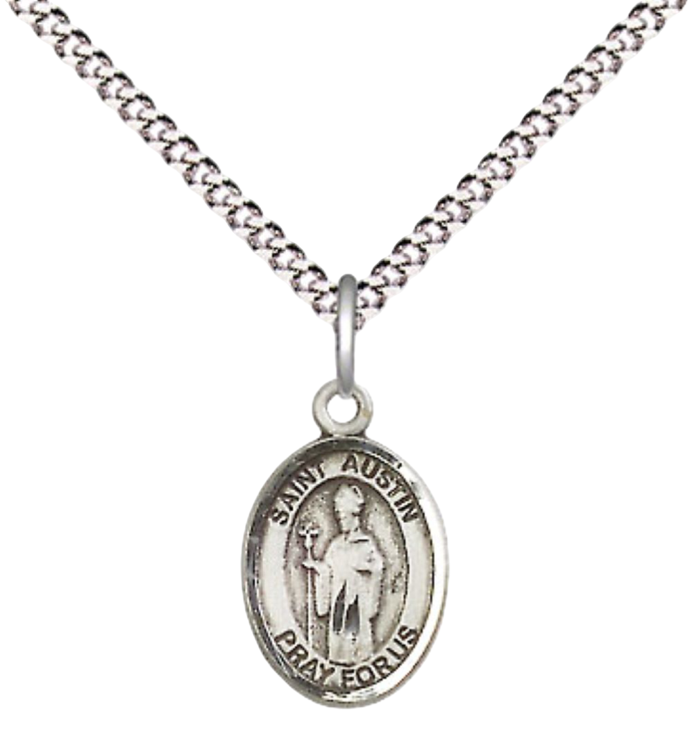 Small Sized Women's Pewter Saint St. Austin Medal Pendant on 18 Inch Rhodium Plated Lite Curb Brass Chain with Lobster Claw Clasp, Catholic Religious Necklace - Made in USA- Velvet Gift Box