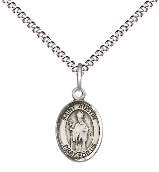Small Sized Women's Pewter Saint St. Austin Medal Pendant on 18 Inch Rhodium Plated Lite Curb Brass Chain with Lobster Claw Clasp, Catholic Religious Necklace - Made in USA- Velvet Gift Box