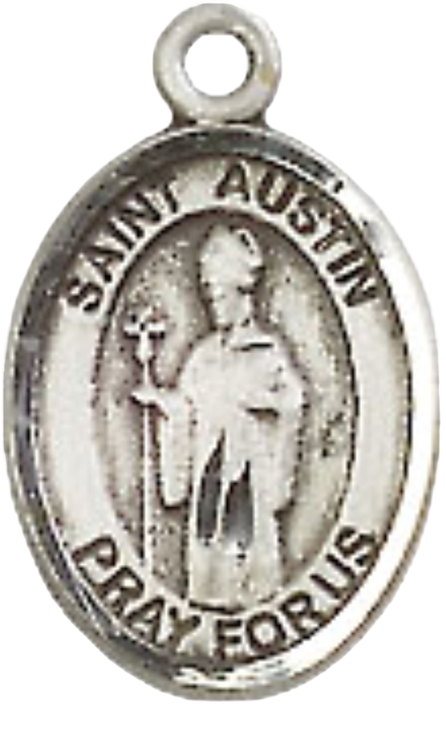 Small Sized Women's Pewter Saint St. Austin Medal Pendant on 18 Inch Rhodium Plated Lite Curb Brass Chain with Lobster Claw Clasp, Catholic Religious Necklace - Made in USA- Velvet Gift Box