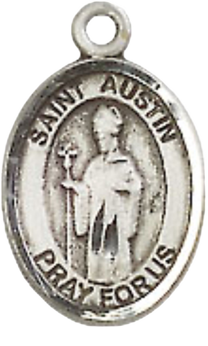 Small Sized Women's .925 Sterling Silver Saint St. Austin Medal Pendant on 18 Inch Rhodium Plated Lite Curb Brass Chain with Lobster Claw Clasp, Catholic Religious Necklace - Made in USA- Velvet Gift Box