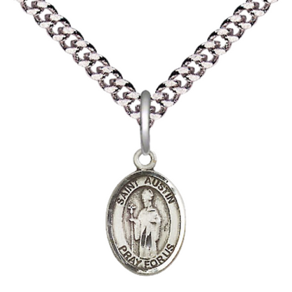 Small Sized Men's .925 Sterling Silver Saint St. Austin Medal Pendant on 24 Inch Endless Rhodium Plated Heavy Curb Brass Chain, Catholic Religious Necklace - Made in USA- Deluxe Velvet Gift Box