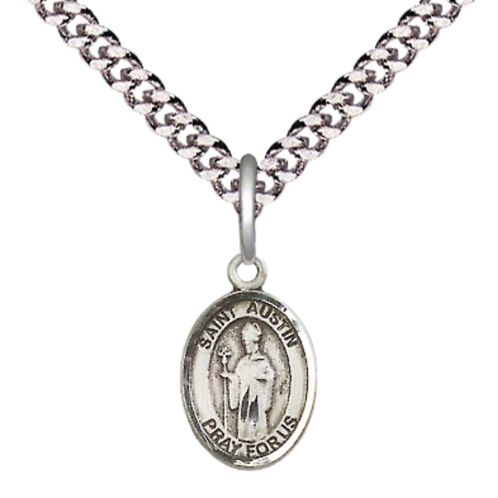 Small Sized Men's Pewter Saint St. Austin Medal Pendant on 24 Inch Endless Rhodium Plated Heavy Curb Brass Chain, Catholic Religious Necklace - Made in USA- Deluxe Velvet Gift Box