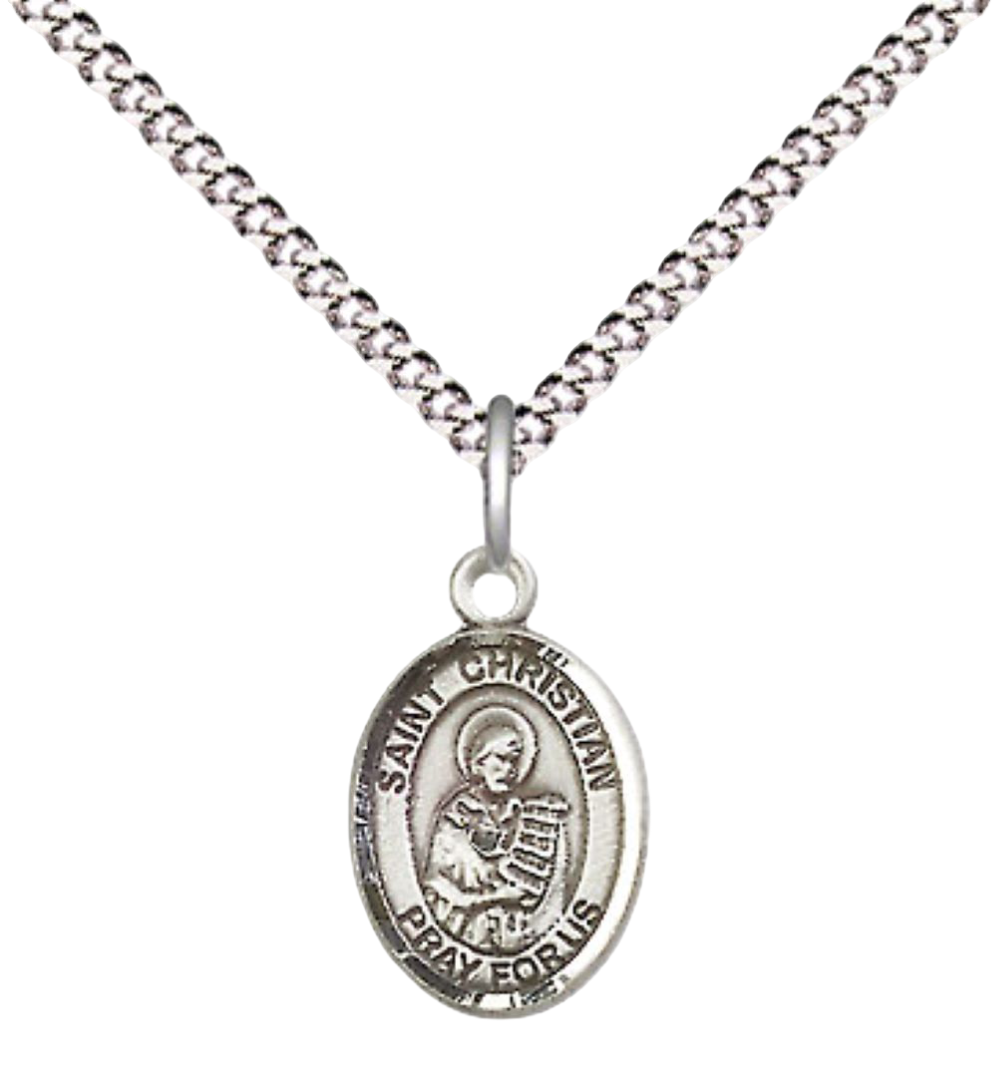 Small Sized Women's Pewter Saint St. Christian Demosthenes Medal Pendant on 18 Inch Rhodium Plated Lite Curb Brass Chain with Lobster Claw Clasp, Catholic Religious Necklace - Made in USA- Velvet Gift Box