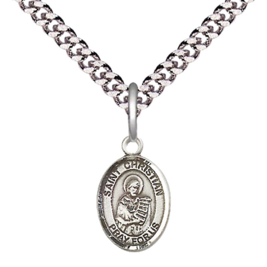 Small Sized Men's Pewter Saint St. Christian Demosthenes Medal Pendant on 24 Inch Endless Rhodium Plated Heavy Curb Brass Chain, Catholic Religious Necklace - Made in USA- Deluxe Velvet Gift Box