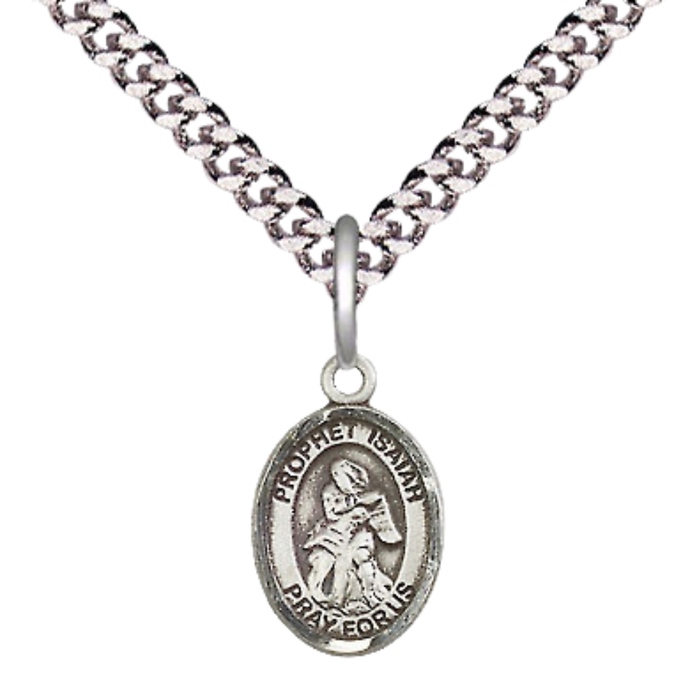 Small Sized Men's Pewter Saint St. Isaiah Medal Pendant on 24 Inch Endless Rhodium Plated Heavy Curb Brass Chain, Catholic Religious Necklace - Made in USA- Deluxe Velvet Gift Box
