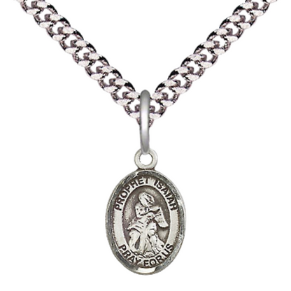 Small Sized Men's Pewter Saint St. Isaiah Medal Pendant on 24 Inch Endless Rhodium Plated Heavy Curb Brass Chain, Catholic Religious Necklace - Made in USA- Deluxe Velvet Gift Box
