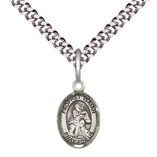 Small Sized Men's Pewter Saint St. Isaiah Medal Pendant on 24 Inch Endless Rhodium Plated Heavy Curb Brass Chain, Catholic Religious Necklace - Made in USA- Deluxe Velvet Gift Box