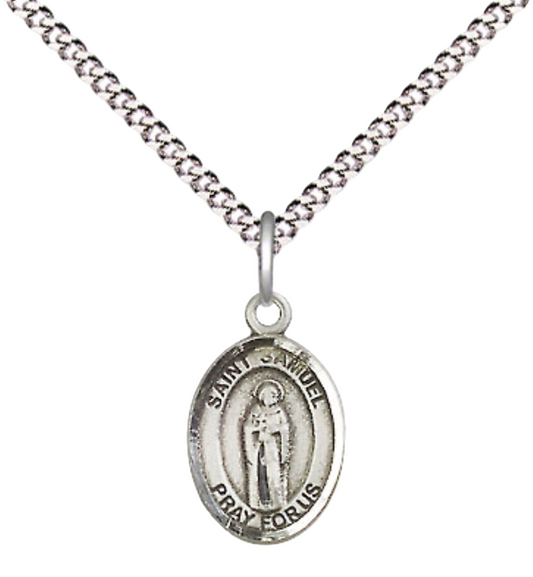 Small Sized Women's .925 Sterling Silver Saint St. Samuel Medal Pendant on 18 Inch Rhodium Plated Lite Curb Brass Chain with Lobster Claw Clasp, Catholic Religious Necklace - Made in USA- Velvet Gift Box