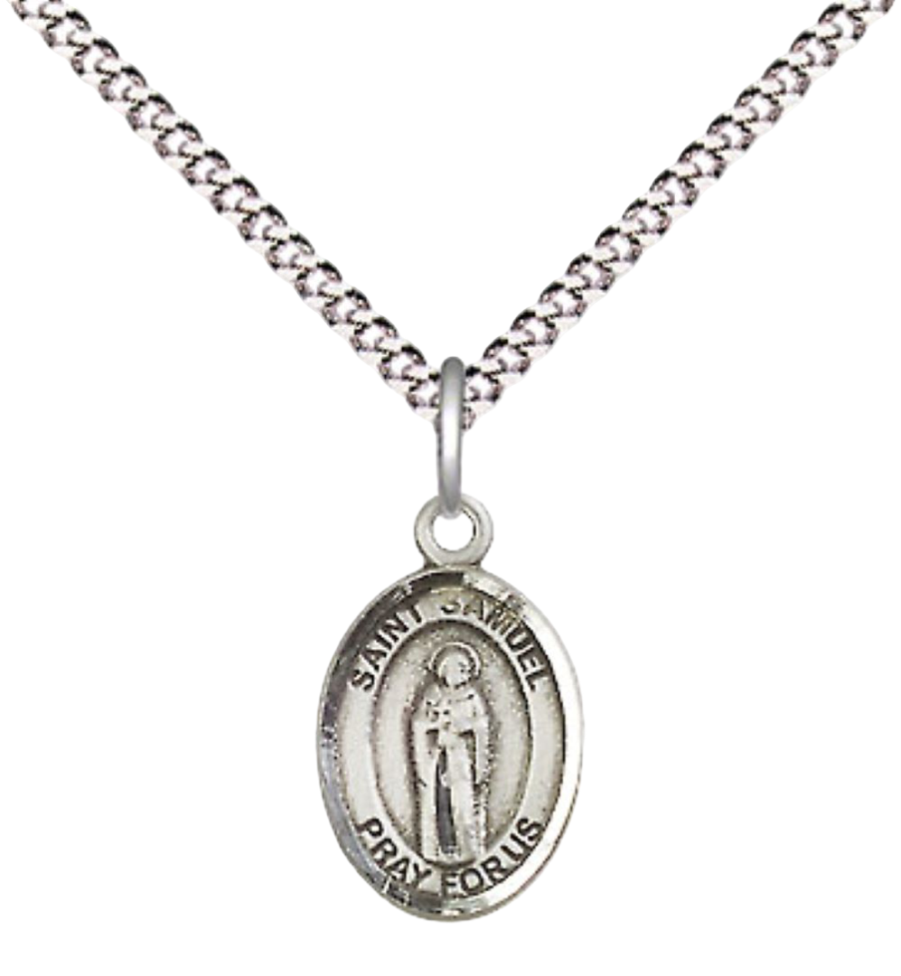 Small Sized Women's Pewter Saint Samuel Medal Pendant on 18 Inch Rhodium Plated Lite Curb Brass Chain with Lobster Claw Clasp, Catholic Religious Necklace - Made in USA- Velvet Gift Box