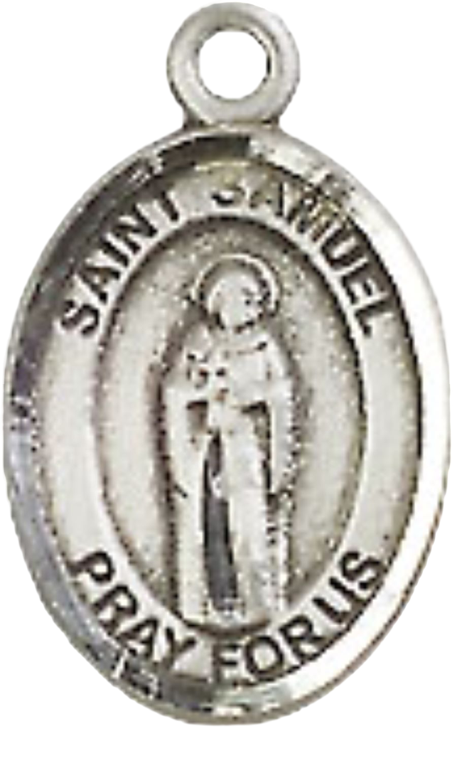 Small Sized Women's .925 Sterling Silver Saint St. Samuel Medal Pendant on 18 Inch Rhodium Plated Lite Curb Brass Chain with Lobster Claw Clasp, Catholic Religious Necklace - Made in USA- Velvet Gift Box