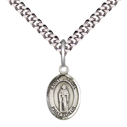 Small Sized Men's Pewter Saint St. Samuel Medal Pendant on 24 Inch Endless Rhodium Plated Heavy Curb Brass Chain, Catholic Religious Necklace - Made in USA- Deluxe Velvet Gift Box