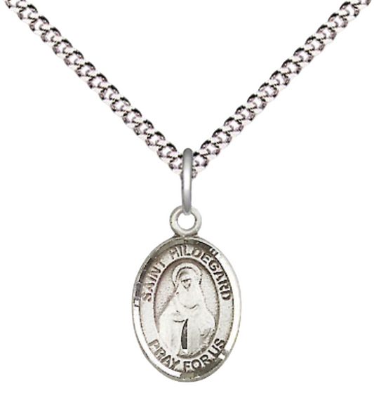 Small Sized Women's Pewter Saint St. Hildegard von Bingen Medal Pendant on 18 Inch Rhodium Plated Lite Curb Brass Chain with Lobster Claw Clasp, Catholic Religious Necklace - Made in USA- Velvet Gift Box