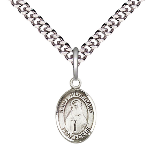 Small Sized Men's Pewter Saint St. Hildegard von Bingen Medal Pendant on 24 Inch Endless Rhodium Plated Heavy Curb Brass Chain, Catholic Religious Necklace - Made in USA- Deluxe Velvet Gift Box