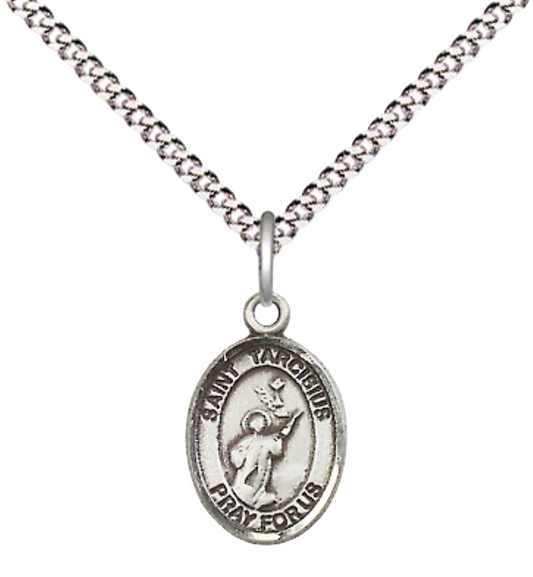 Small Sized Women's Pewter Saint St. Tarcisius Medal Pendant on 18 Inch Rhodium Plated Lite Curb Brass Chain with Lobster Claw Clasp, Catholic Religious Necklace - Made in USA- Velvet Gift Box