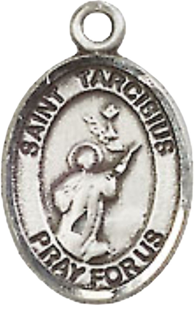 Small Sized Men's Pewter Saint Tarcisius Medal Pendant on 24 Inch Endless Rhodium Plated Heavy Curb Brass Chain, Catholic Religious Necklace -Made in USA- Deluxe Velvet Gift Box