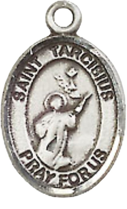 Small Sized Men's Pewter Saint Tarcisius Medal Pendant on 24 Inch Endless Rhodium Plated Heavy Curb Brass Chain, Catholic Religious Necklace -Made in USA- Deluxe Velvet Gift Box