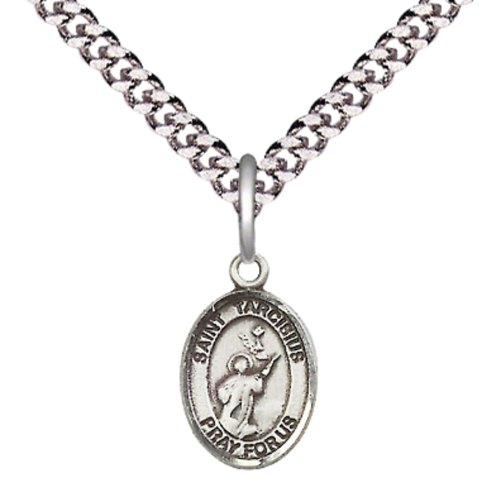 Small Sized Men's Pewter Saint Tarcisius Medal Pendant on 24 Inch Endless Rhodium Plated Heavy Curb Brass Chain, Catholic Religious Necklace -Made in USA- Deluxe Velvet Gift Box