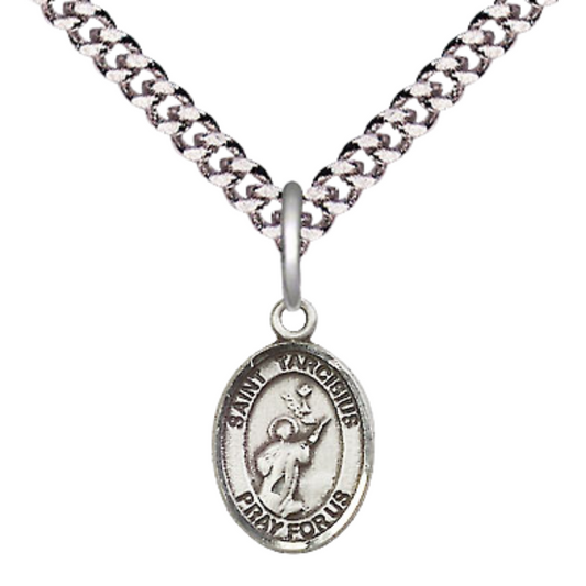 Small Sized Men's Pewter Saint Tarcisius Medal Pendant on 24 Inch Endless Rhodium Plated Heavy Curb Brass Chain, Catholic Religious Necklace -Made in USA- Deluxe Velvet Gift Box