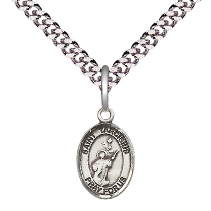 Small Sized Men's .925 Sterling Silver Saint St. Tarcisius Medal Pendant on 24 Inch Endless Rhodium Plated Heavy Curb Brass Chain, Catholic Religious Necklace - Made in USA- Deluxe Velvet Gift Box
