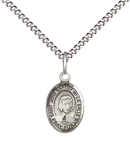 Small Sized Women's .925 Sterling Silver Saint St. John Baptist de la Salle Medal Pendant on 18 Inch Rhodium Plated Lite Curb Brass Chain w/ Lobster Claw Clasp, Catholic Religious Necklace - Made in USA- Velvet Gift Box