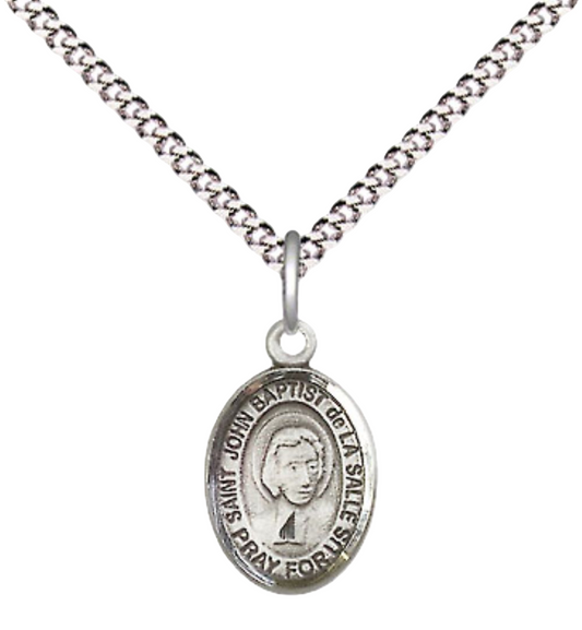 Small Sized Women's Pewter Saint St. John Baptist de la Salle Medal Pendant on 18 Inch Rhodium Plated Lite Curb Brass Chain with Lobster Claw Clasp, Catholic Religious Necklace - Made in USA- Velvet Gift Box