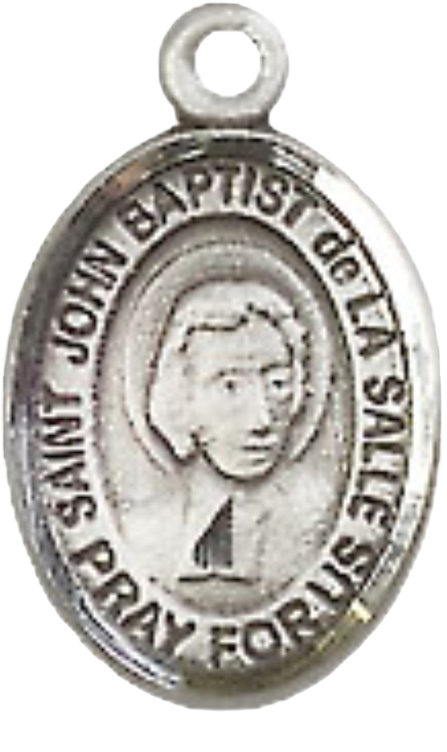 Small Sized Women's Pewter Saint St. John Baptist de la Salle Medal Pendant on 18 Inch Rhodium Plated Lite Curb Brass Chain with Lobster Claw Clasp, Catholic Religious Necklace - Made in USA- Velvet Gift Box